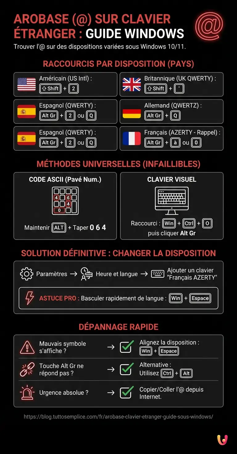 Arobase Clavier &Eacute;tranger : Guide sous Windows - Infographie r&eacute;sumant