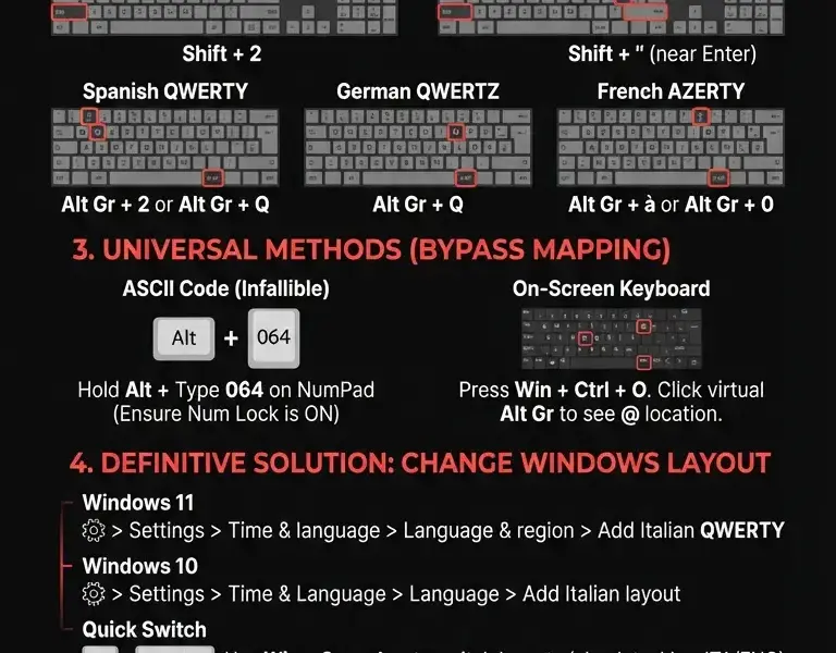 Infografica: At Sign on Foreign Keyboard: Windows Guide