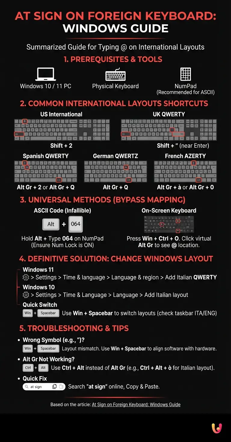 At Sign on Foreign Keyboard: Windows Guide - Summary Infographic