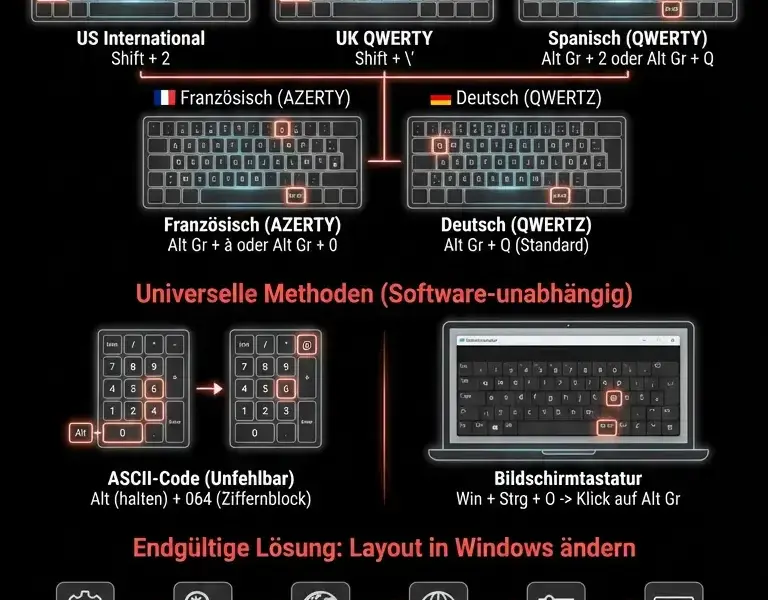 Infografica: At-Zeichen auf ausl&auml;ndischer Tastatur: Anleitung f&uuml;r Windows