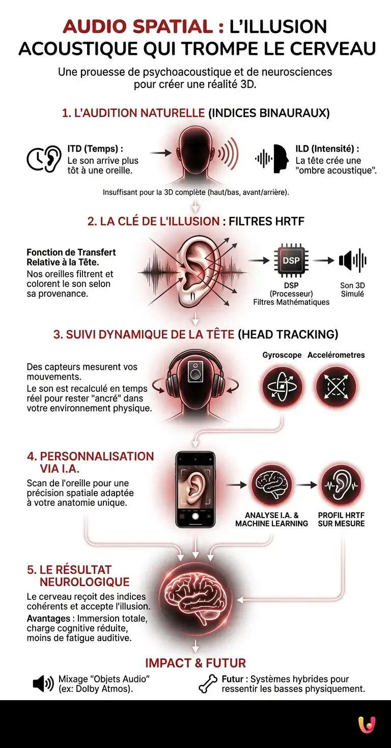 Audio spatial : l'illusion acoustique qui trompe le cerveau - Infographie r&eacute;sumant