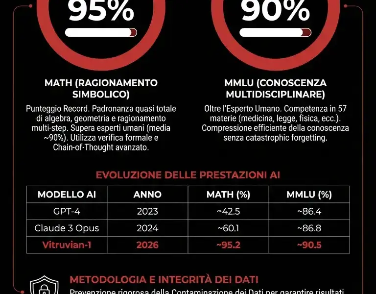 Infografica: Benchmark Vitruvian-1: Analisi dei Risultati MATH e MMLU