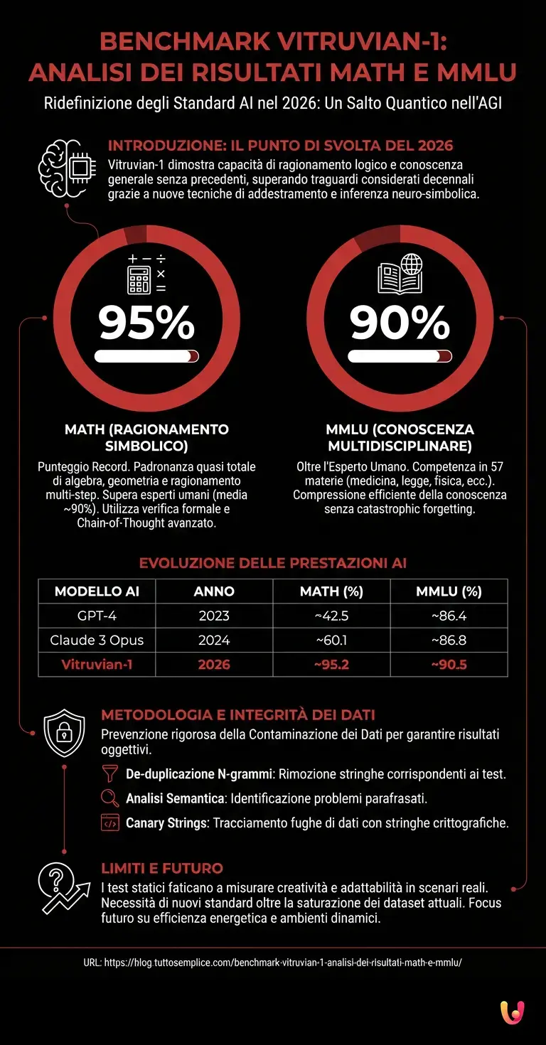 Benchmark Vitruvian-1: Analisi dei Risultati MATH e MMLU - Infografica riassuntiva