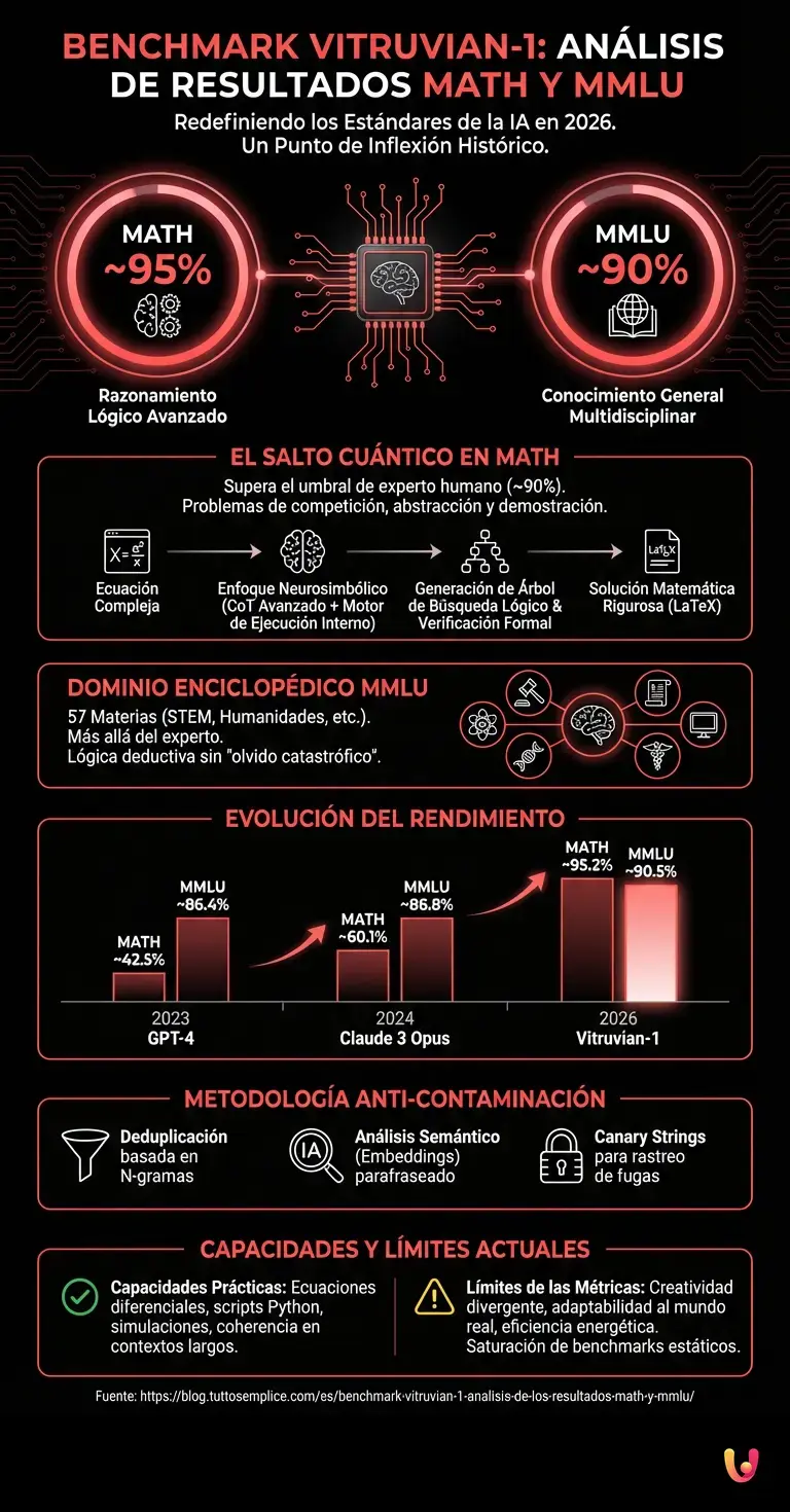 Benchmark Vitruvian-1: An&aacute;lisis de los Resultados MATH y MMLU - Infograf&iacute;a resumen