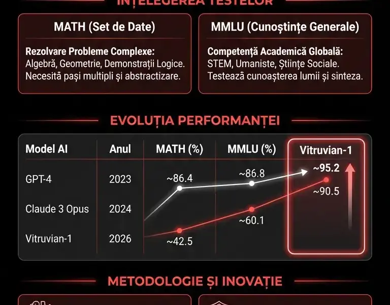 Infografica: Benchmark Vitruvian-1: Analiza Rezultatelor MATH și MMLU