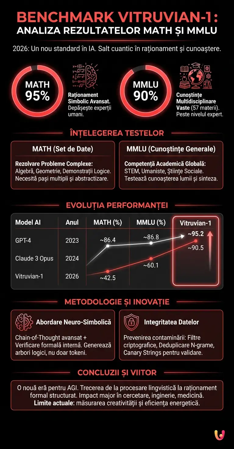 Benchmark Vitruvian-1: Analiza Rezultatelor MATH și MMLU - Infografic rezumativ