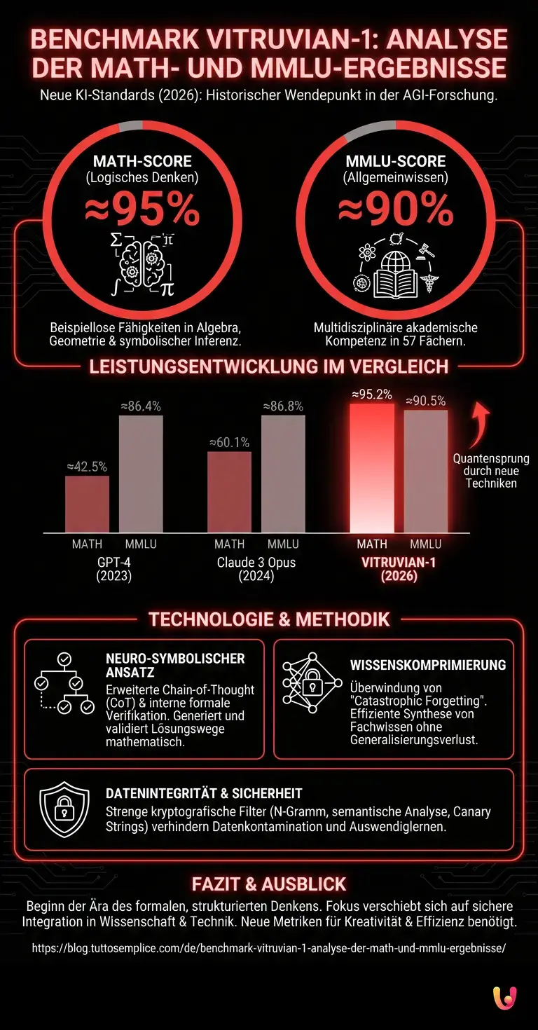 Benchmark Vitruvian-1: Analyse der MATH- und MMLU-Ergebnisse - Zusammenfassende Infografik