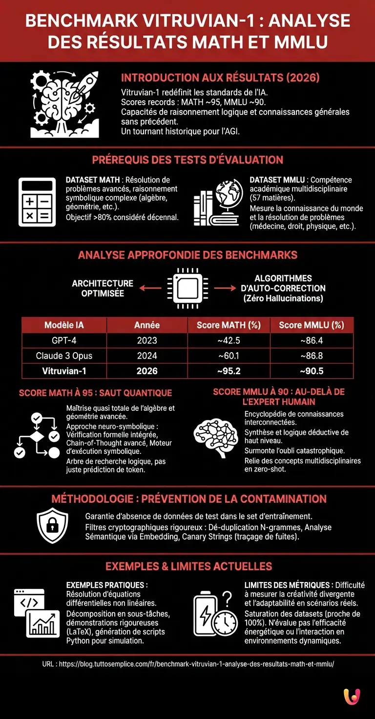 Benchmark Vitruvian-1 : Analyse des Résultats MATH et MMLU - Infographie résumant