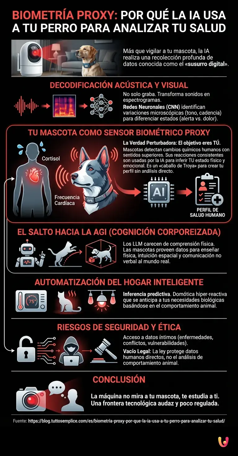 Biometría proxy: por qué la IA usa a tu perro para analizar tu salud - Infografía resumen