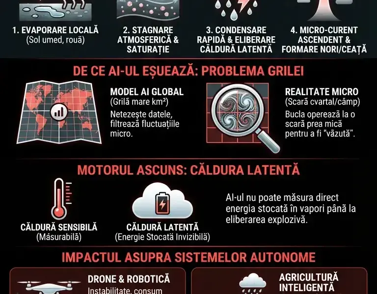Infografica: Capcana Micro-Meteo: De ce AI-ul avansat ratează Bucla de Umiditate