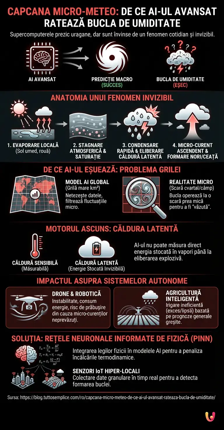 Capcana Micro-Meteo: De ce AI-ul avansat ratează Bucla de Umiditate - Infografic rezumativ