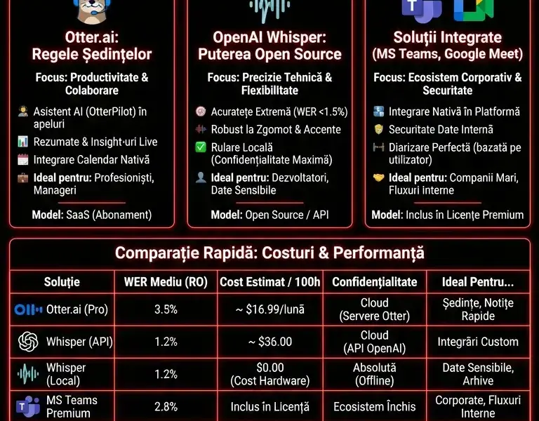 Infografica: Cel mai bun Speech to Text 2026: Otter.ai vs Whisper vs Integrate