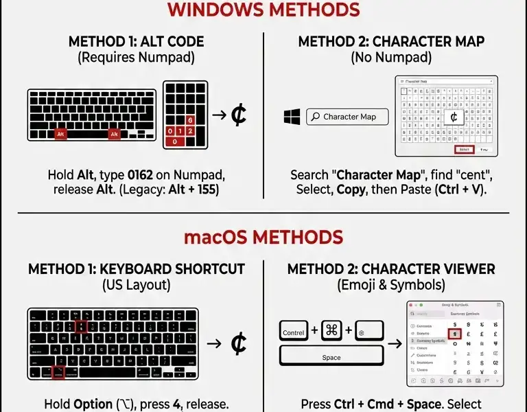 Infografica: Cent Symbol on Keyboard: Guide for Mac and Windows