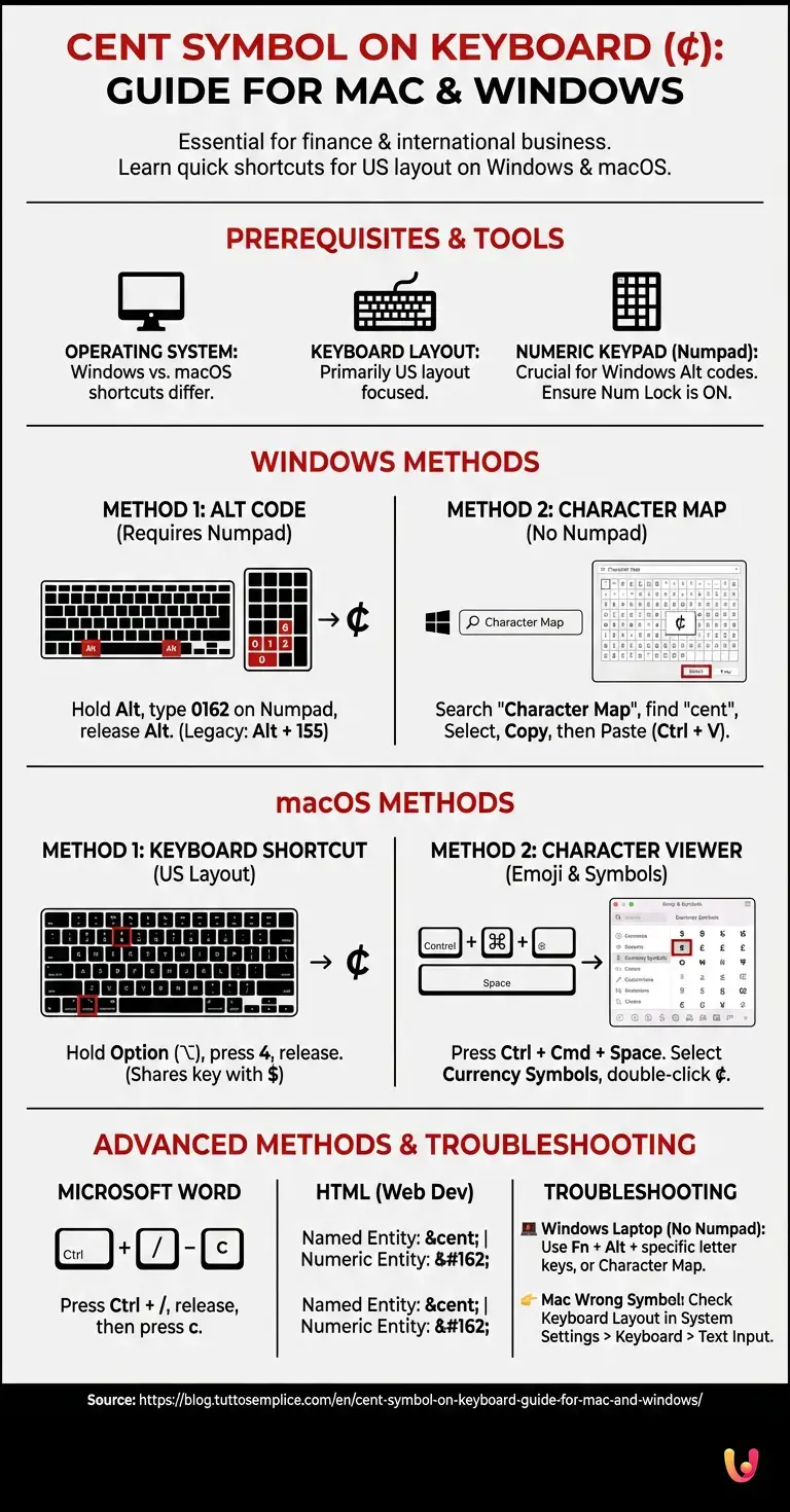 Cent Symbol on Keyboard: Guide for Mac and Windows - Summary Infographic