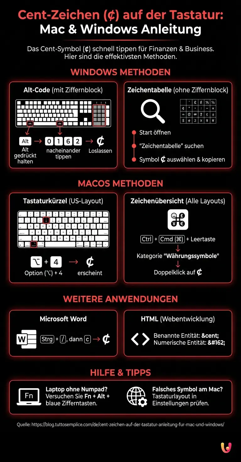 Cent-Zeichen auf der Tastatur: Anleitung f&uuml;r Mac und Windows - Zusammenfassende Infografik