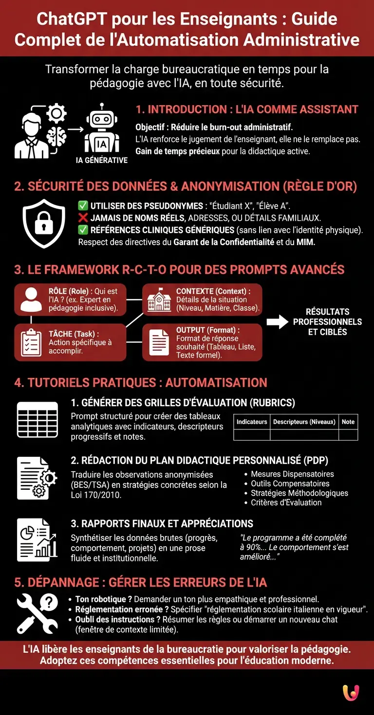 ChatGPT pour les Enseignants : Guide Complet de l'Automatisation Administrative - Infographie résumant