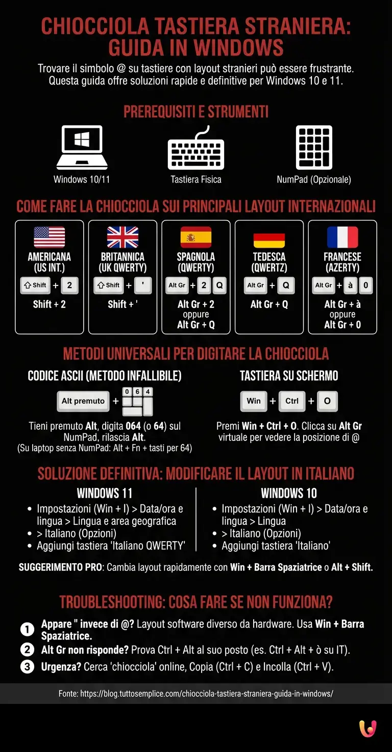 Chiocciola Tastiera Straniera: Guida in Windows - Infografica riassuntiva