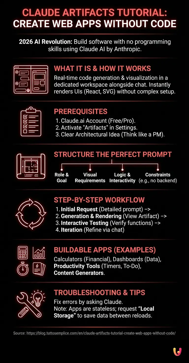 Claude Artifacts Tutorial: Create Web Apps Without Code - Summary Infographic
