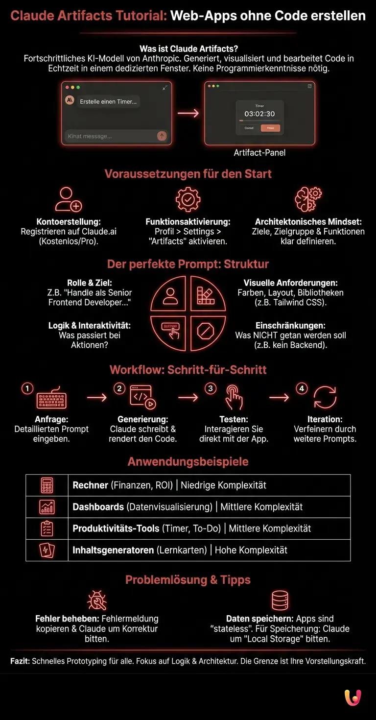 Claude Artifacts Tutorial: Web-Apps ohne Code erstellen - Zusammenfassende Infografik