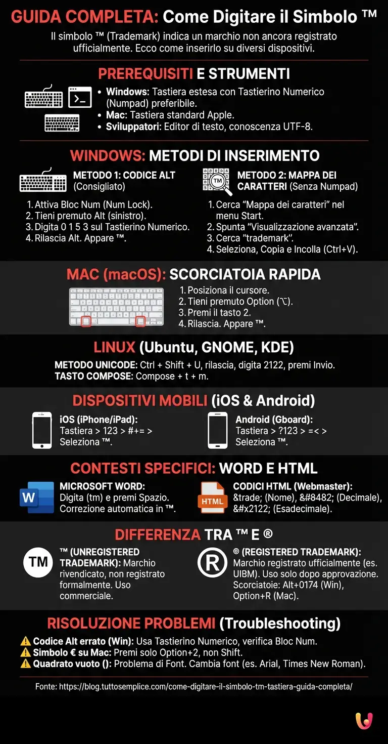 Come Digitare il simbolo tm tastiera: Guida Completa - Infografica riassuntiva