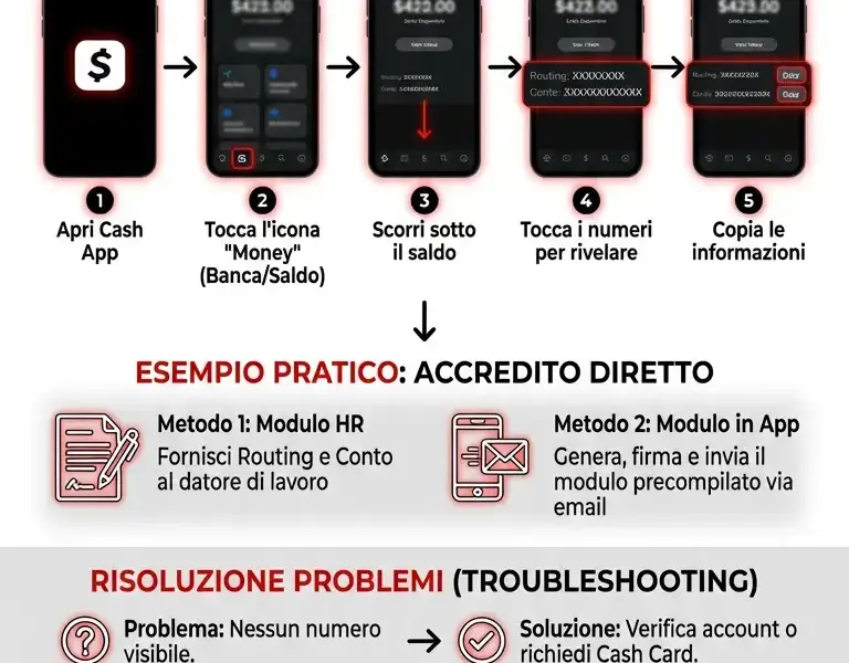 Infografica: Come Trovare il Numero Routing Cash App e di Conto