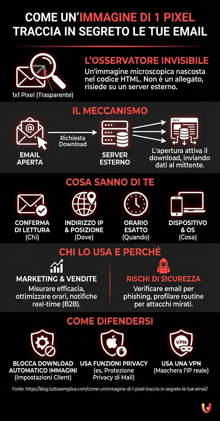 Come un'immagine di 1 pixel traccia in segreto le tue email - Infografica riassuntiva