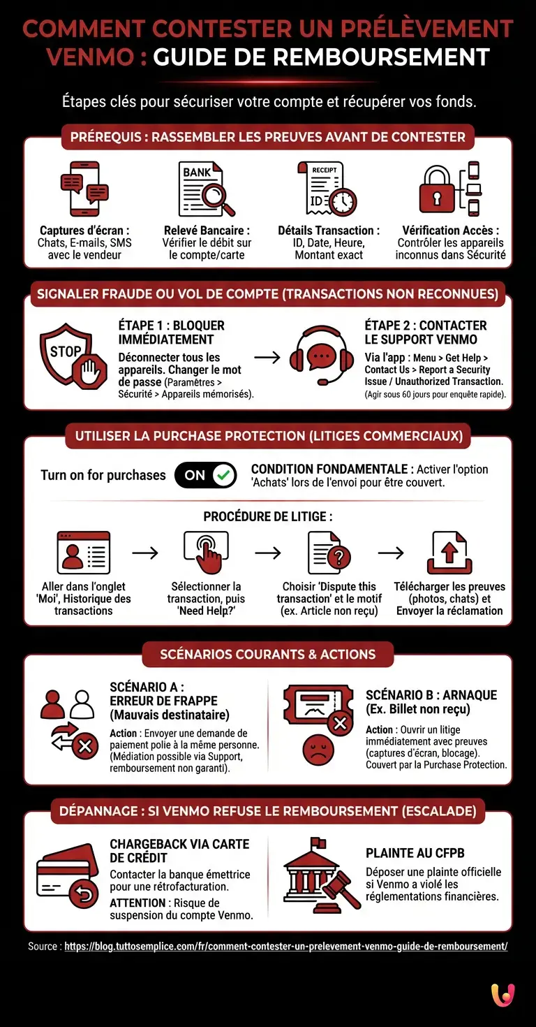 Comment Contester un Pr&eacute;l&egrave;vement Venmo : Guide de Remboursement - Infographie r&eacute;sumant