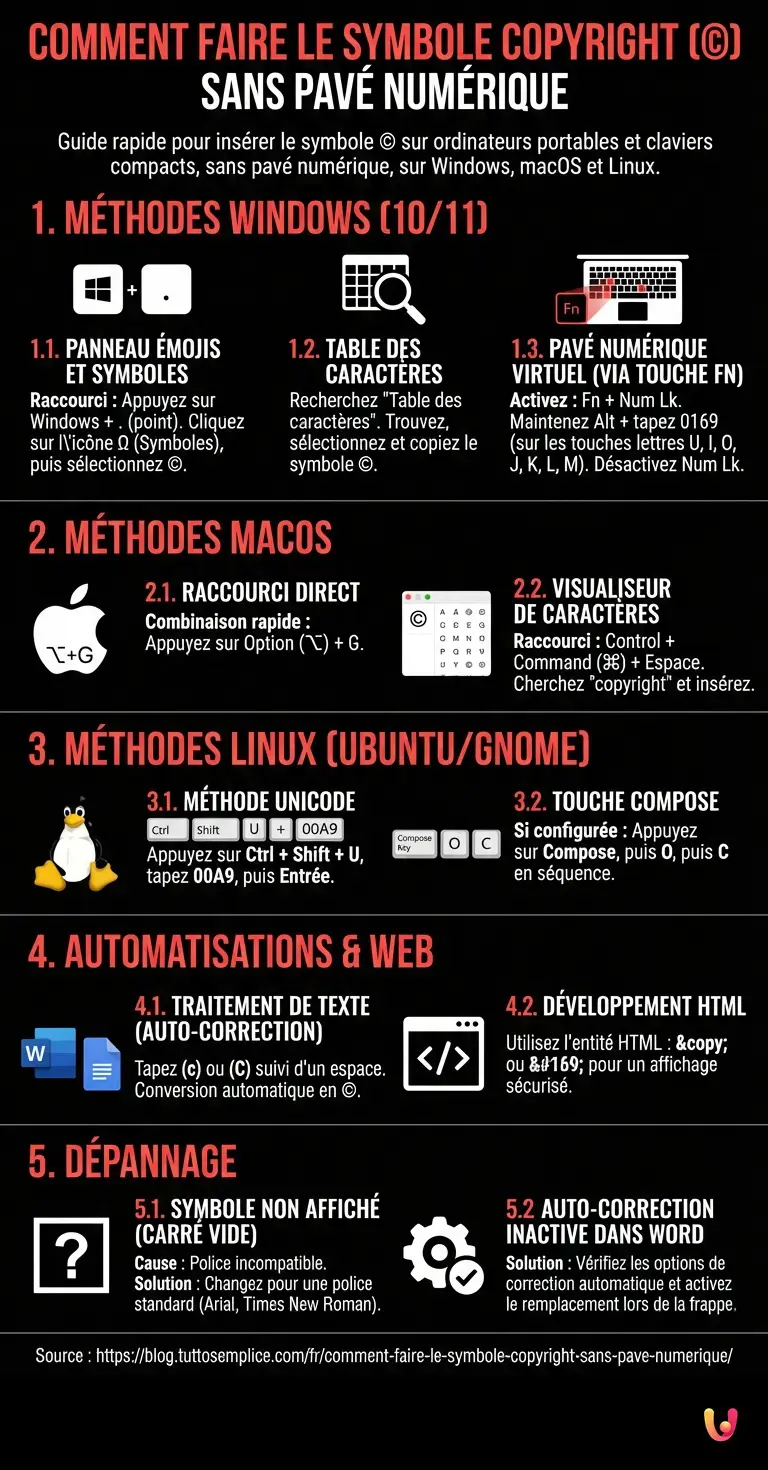 Comment Faire le Symbole Copyright Sans Pav&eacute; Num&eacute;rique - Infographie r&eacute;sumant