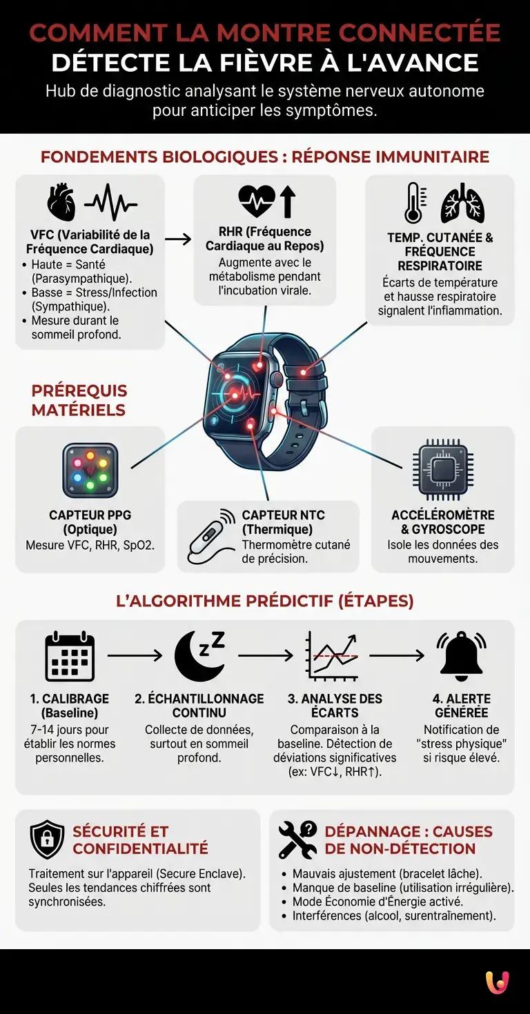 Comment la montre connect&eacute;e d&eacute;tecte la fi&egrave;vre &agrave; l'avance - Infographie r&eacute;sumant