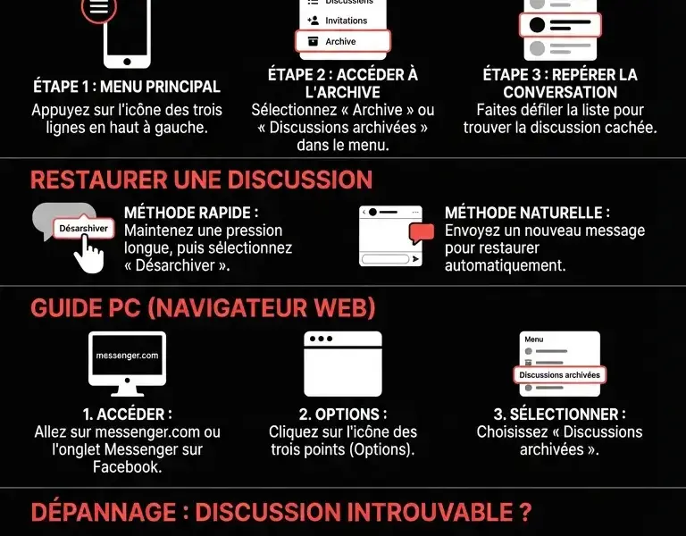 Infografica: Comment Retrouver les Discussions Archiv&eacute;es sur Messenger : Guide