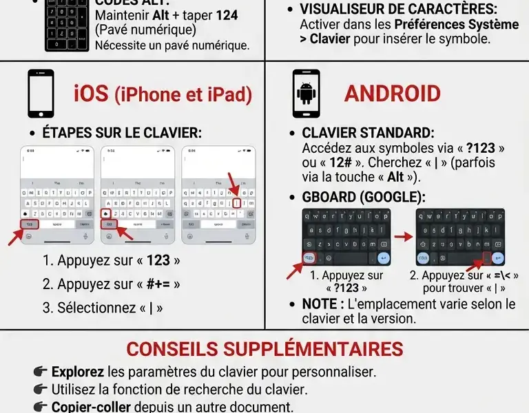 Infografica: Comment taper la barre verticale (|) sur n'importe quel appareil