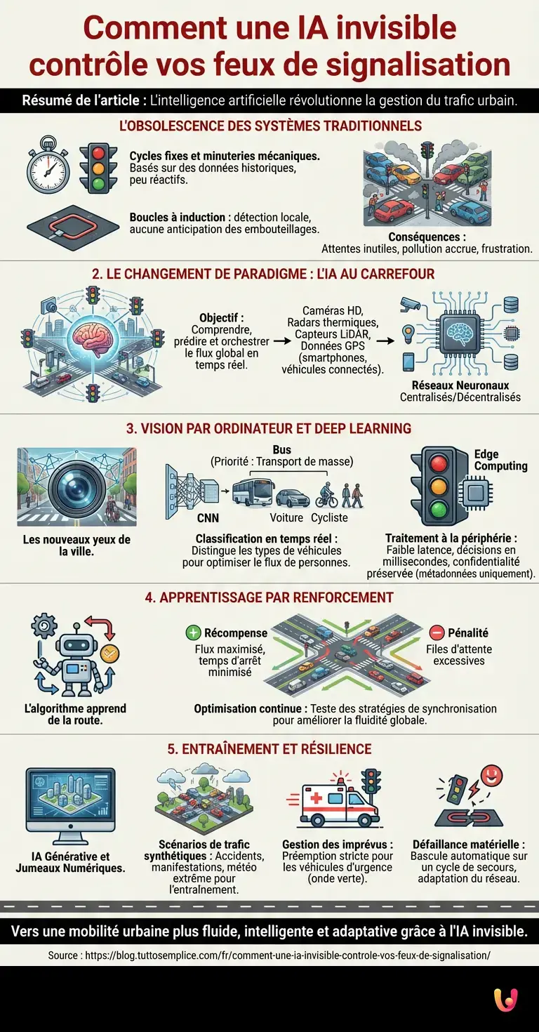 Comment une IA invisible contr&ocirc;le vos feux de signalisation - Infographie r&eacute;sumant