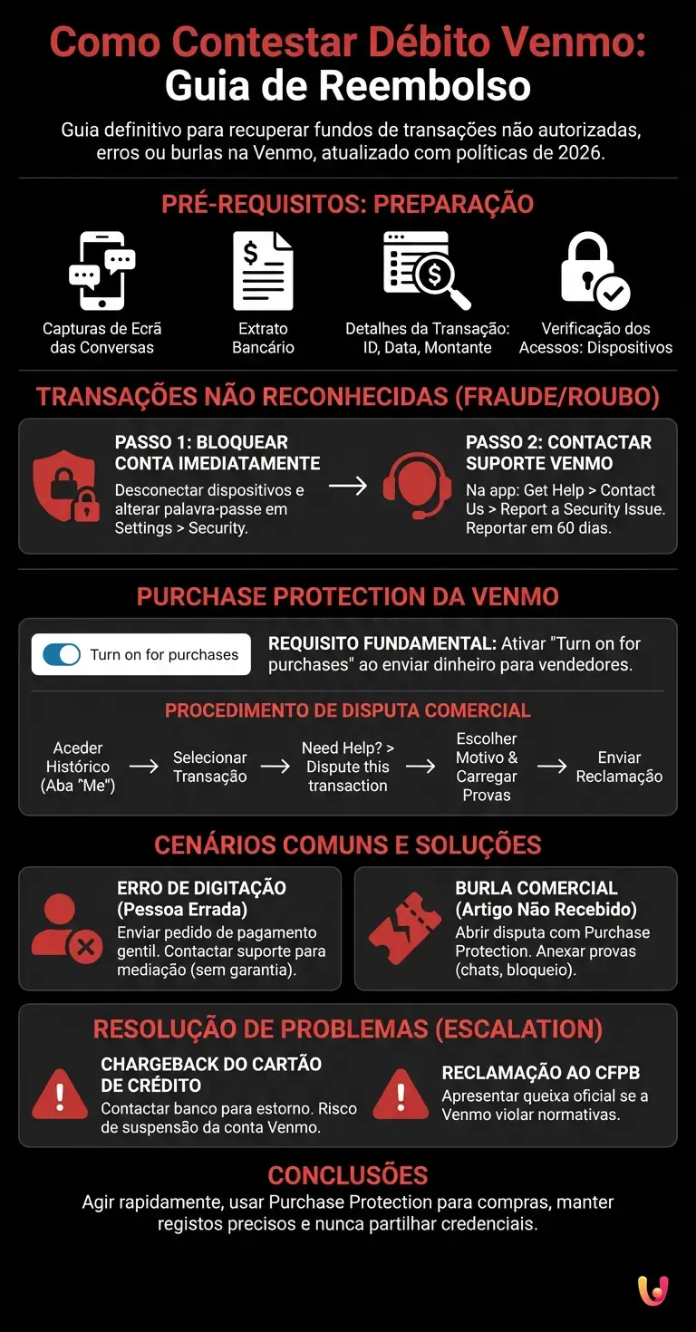 Como Contestar D&eacute;bito Venmo: Guia de Reembolso - Infogr&aacute;fico resumido