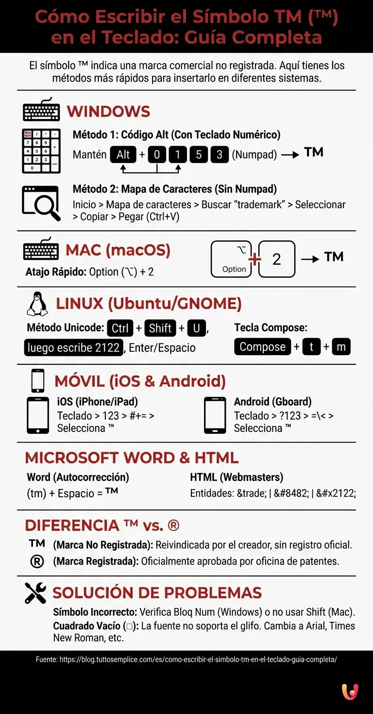 C&oacute;mo Escribir el S&iacute;mbolo TM en el Teclado: Gu&iacute;a Completa - Infograf&iacute;a resumen