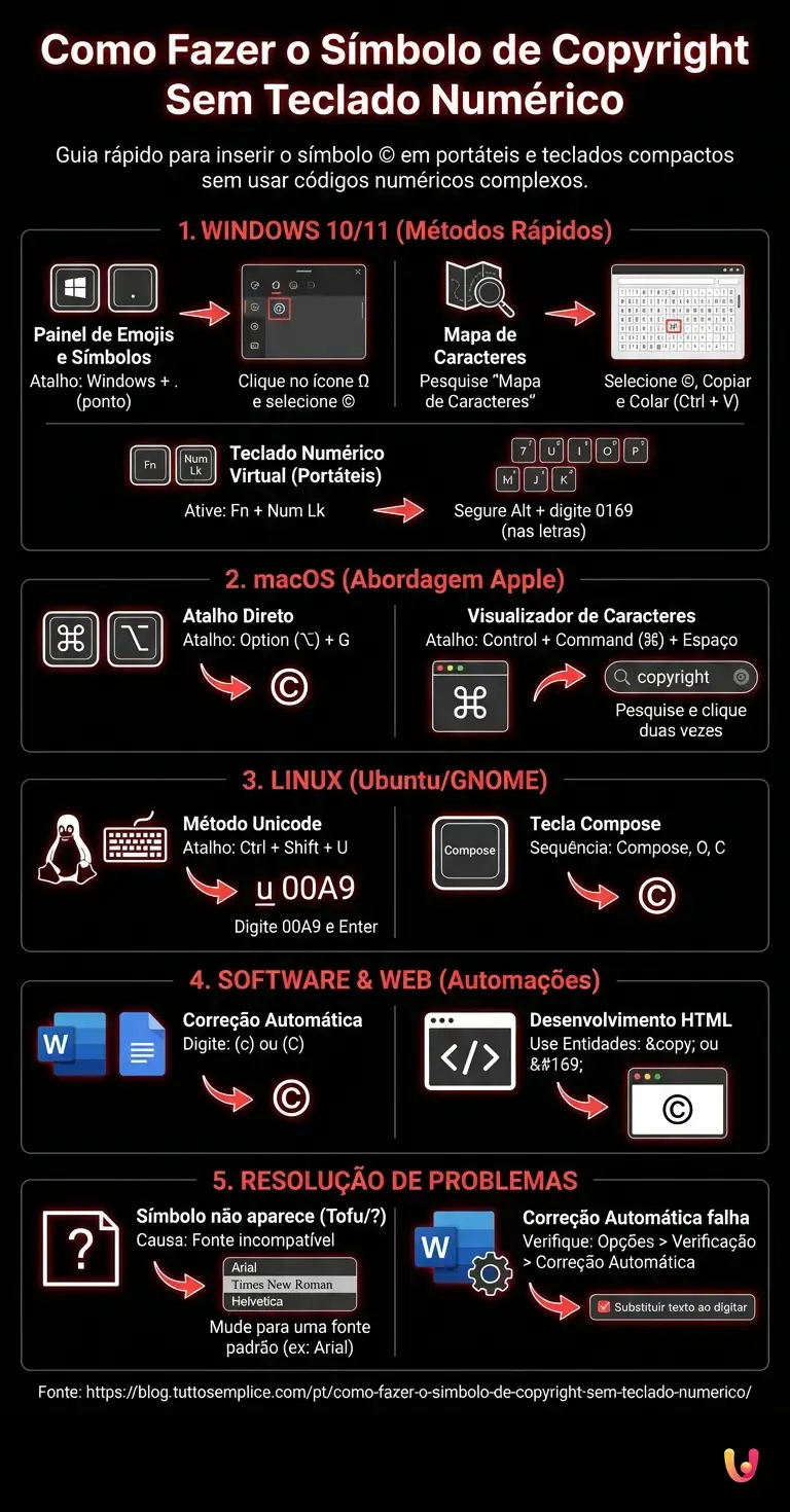 Como Fazer o S&iacute;mbolo de Copyright Sem Teclado Num&eacute;rico - Infogr&aacute;fico resumido