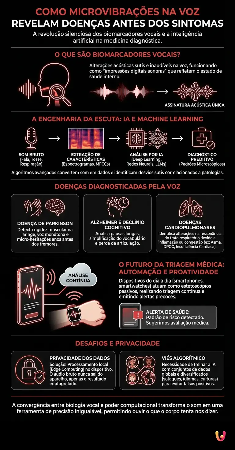 Como microvibra&ccedil;&otilde;es na voz revelam doen&ccedil;as antes dos sintomas - Infogr&aacute;fico resumido
