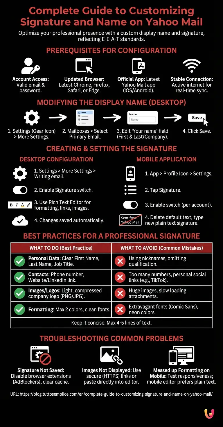 Complete Guide to Customizing Signature and Name on Yahoo Mail - Summary Infographic