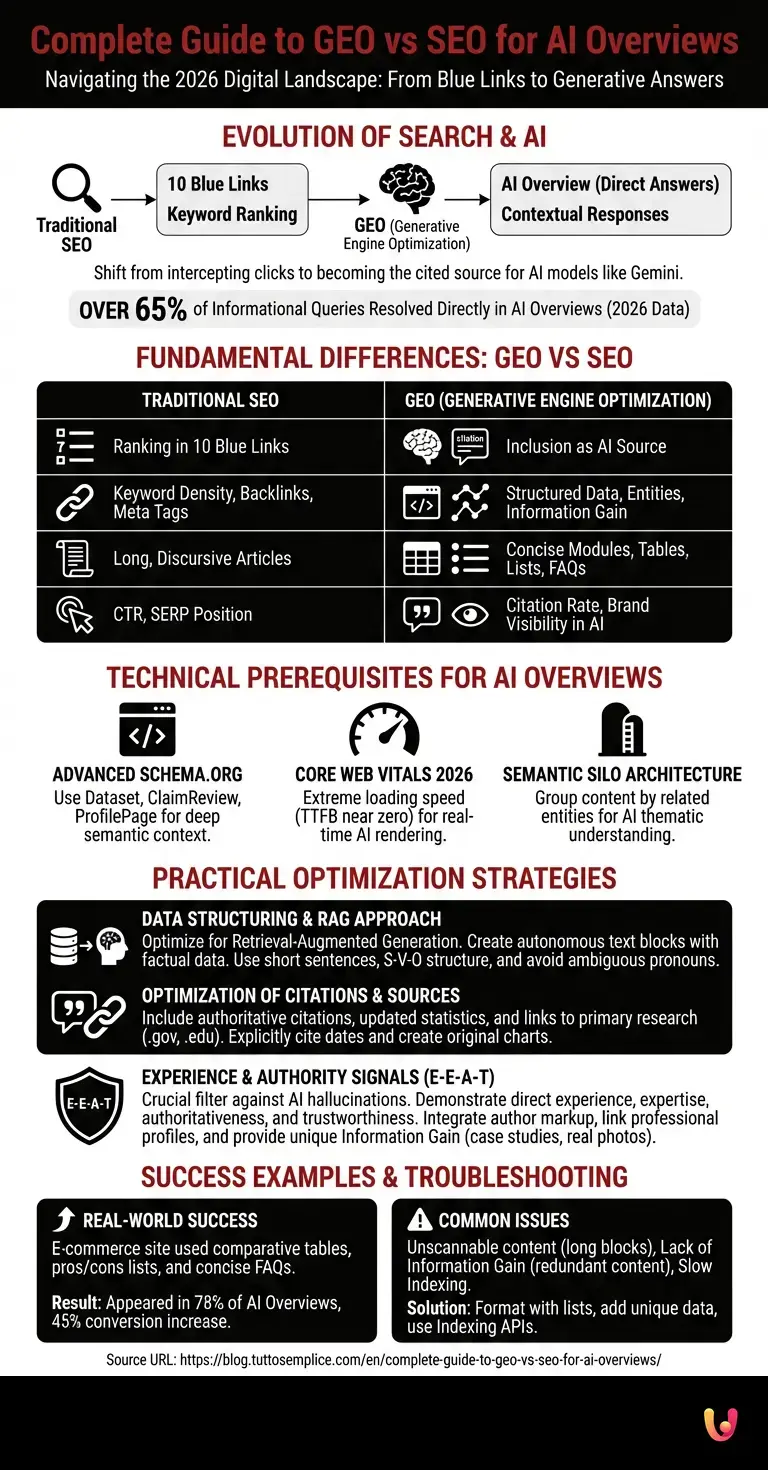 Complete Guide to GEO vs SEO for AI Overviews - Summary Infographic