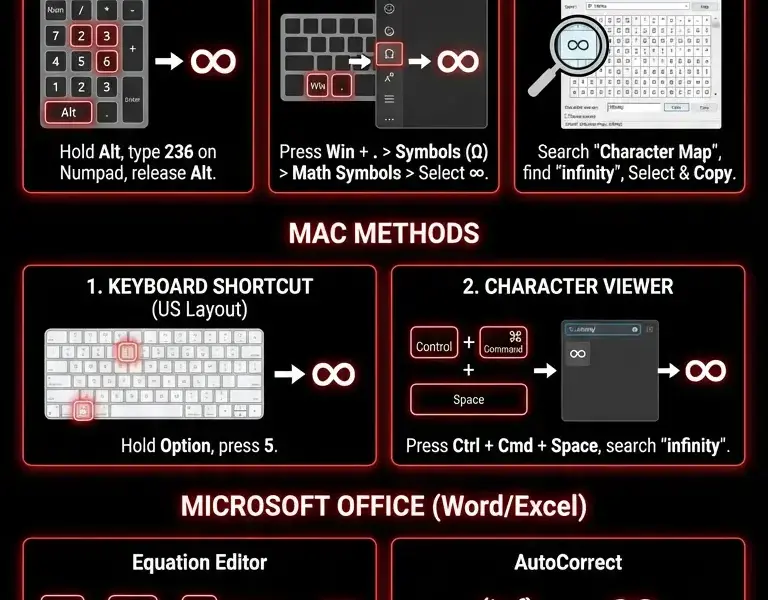 Infografica: Complete Guide to the Infinity Symbol on PC and Mac Keyboards