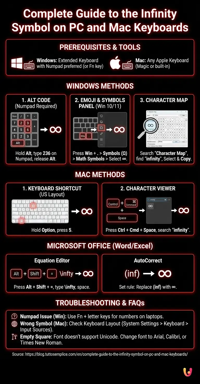 Complete Guide to the Infinity Symbol on PC and Mac Keyboards - Summary Infographic