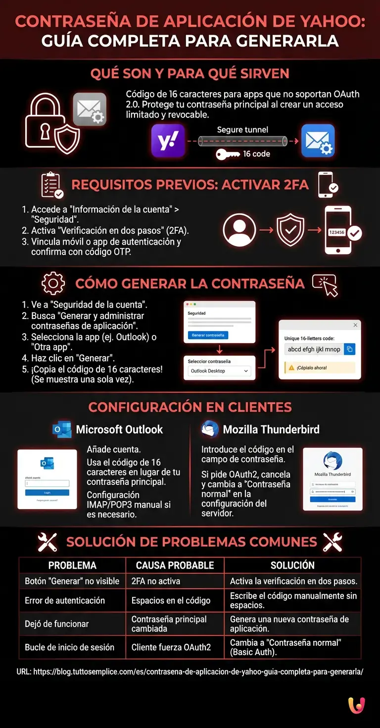 Contrase&ntilde;a de Aplicaci&oacute;n de Yahoo: Gu&iacute;a Completa para Generarla - Infograf&iacute;a resumen