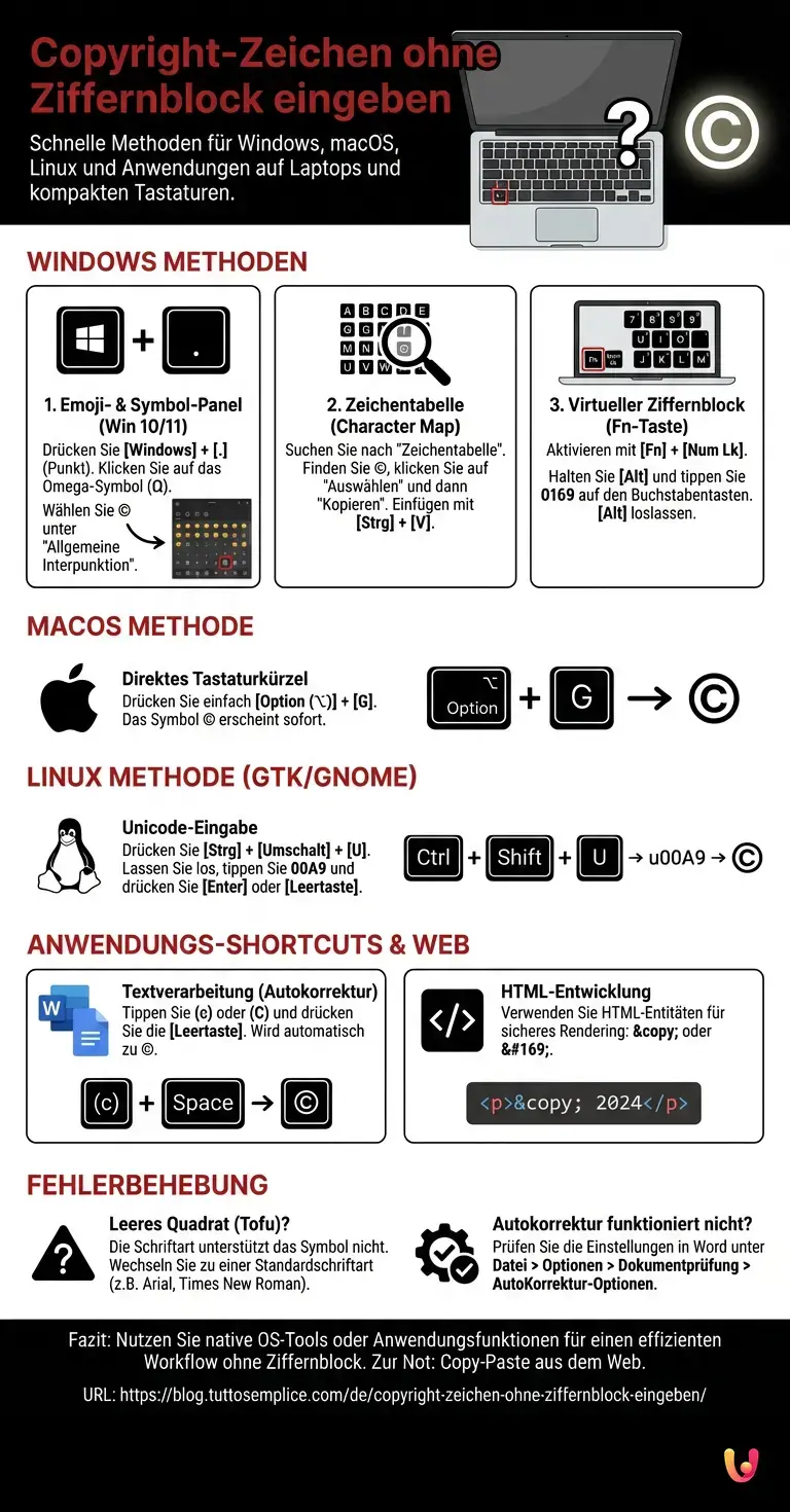 Copyright-Zeichen ohne Ziffernblock eingeben - Zusammenfassende Infografik