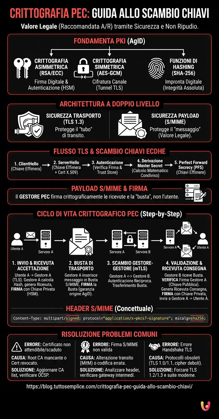 Crittografia PEC: Guida allo Scambio Chiavi - Infografica riassuntiva