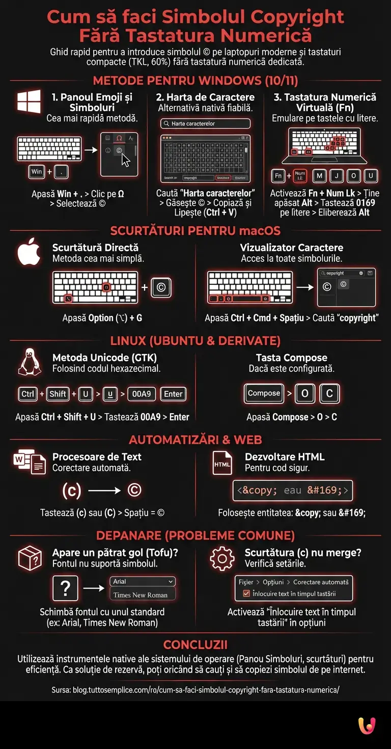 Cum să faci Simbolul Copyright Fără Tastatura Numerică - Infografic rezumativ