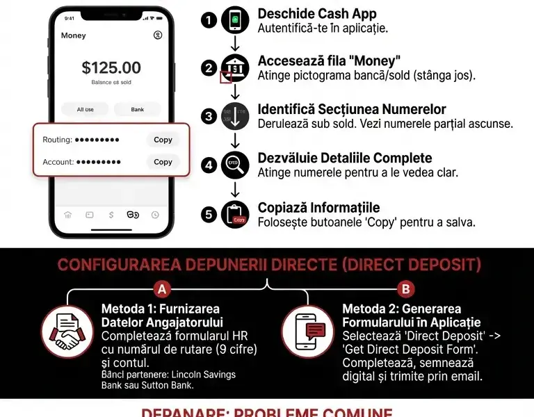Infografica: Cum să Găsești Numărul de Rutare și de Cont Cash App