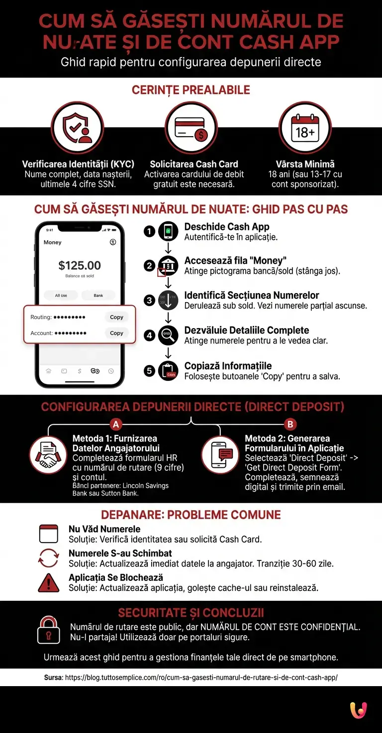 Cum să Găsești Numărul de Rutare și de Cont Cash App - Infografic rezumativ