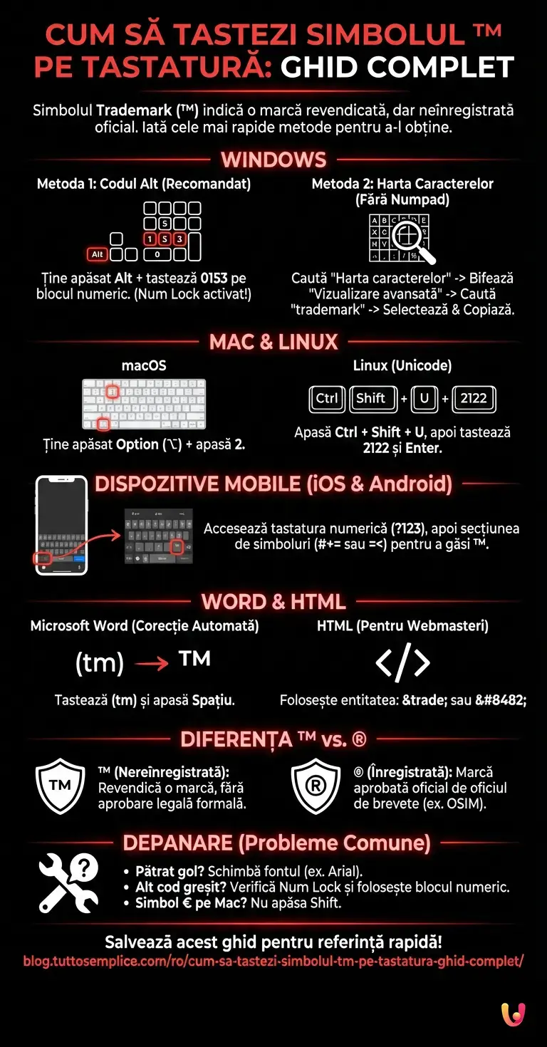 Cum să tastezi simbolul tm pe tastatură: Ghid Complet - Infografic rezumativ