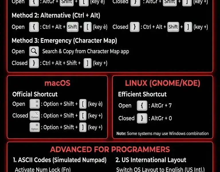 Infografica: Curly Braces on Keyboard: How to Type Them on a Laptop