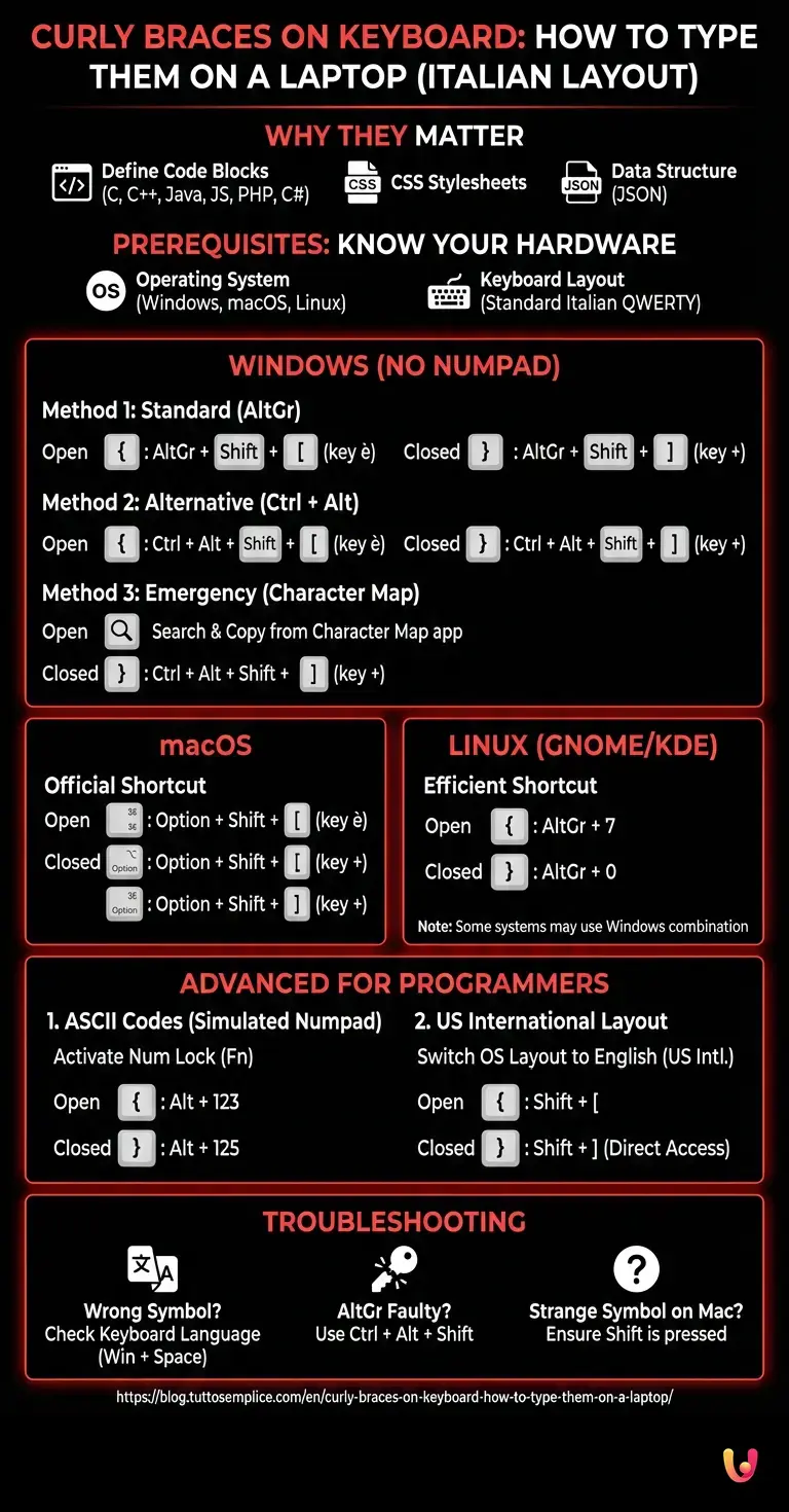 Curly Braces on Keyboard: How to Type Them on a Laptop - Summary Infographic