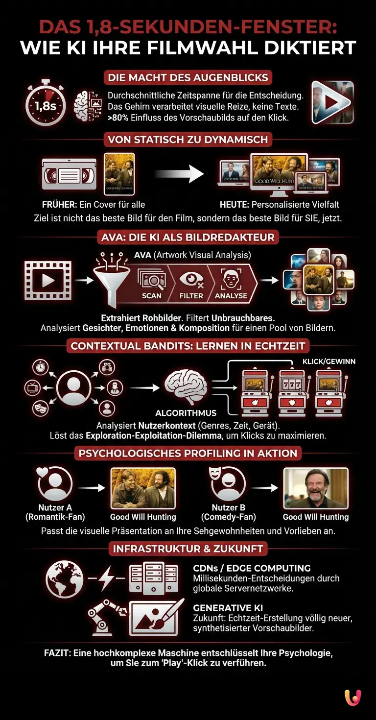 Das 1,8-Sekunden-Fenster: Wie KI Ihre Filmwahl diktiert - Zusammenfassende Infografik
